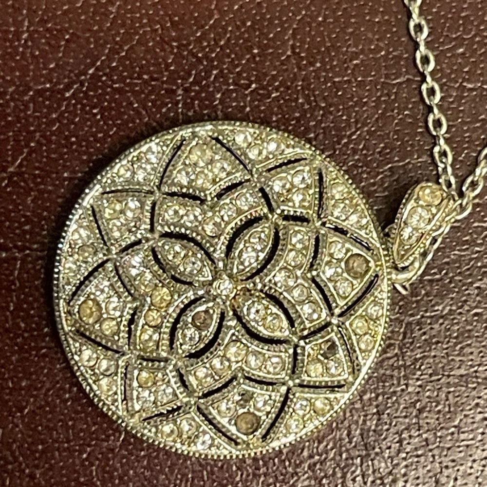 Nadri Silver plated Rhinestone Necklace- round pendant covered in rhinestones